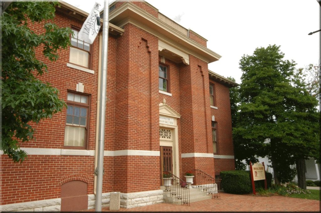 Town Hall Theatre in Centerville, Ohio — a historic red-brick building originally built in 1908 as Washington Township Hall.