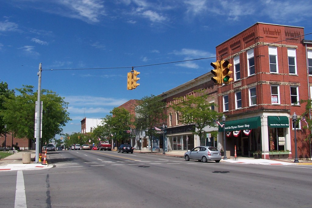 Washington Court House buildings with classical architecture, used to represent Millwest’s Amish furniture service area.