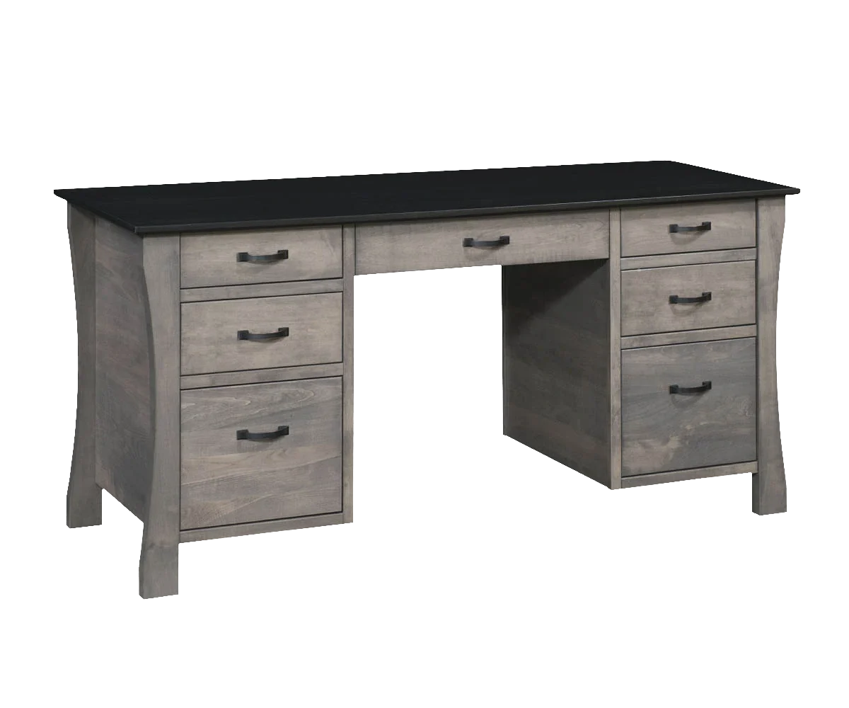 Amish Kapernaum double-pedestal desk with drawers on both pedestals and a dark top in a gray-washed finish.