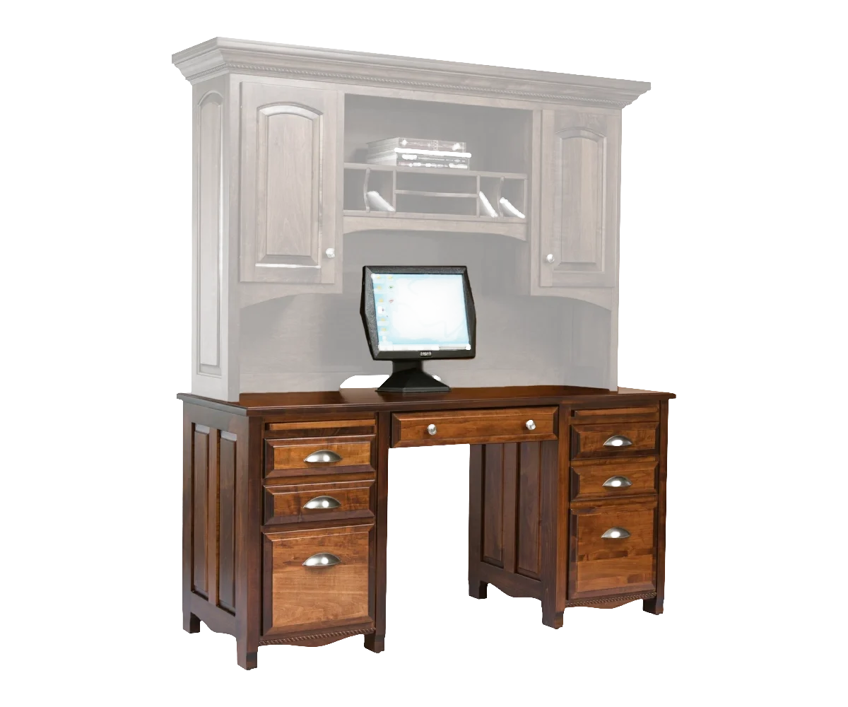 Amish Laurel double-pedestal desk in oak with drawers on both pedestals and a hutch top holding a monitor.