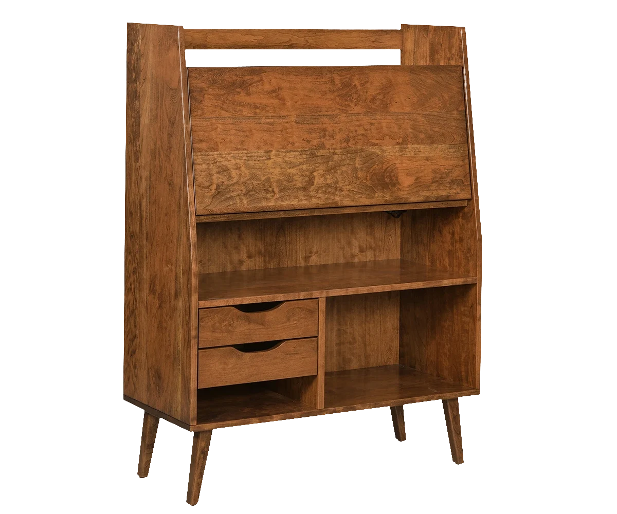 Amish Lake Mills drop-down desk in oak, a mid-century secretary with a drop-front writing surface over open shelves and drawers.