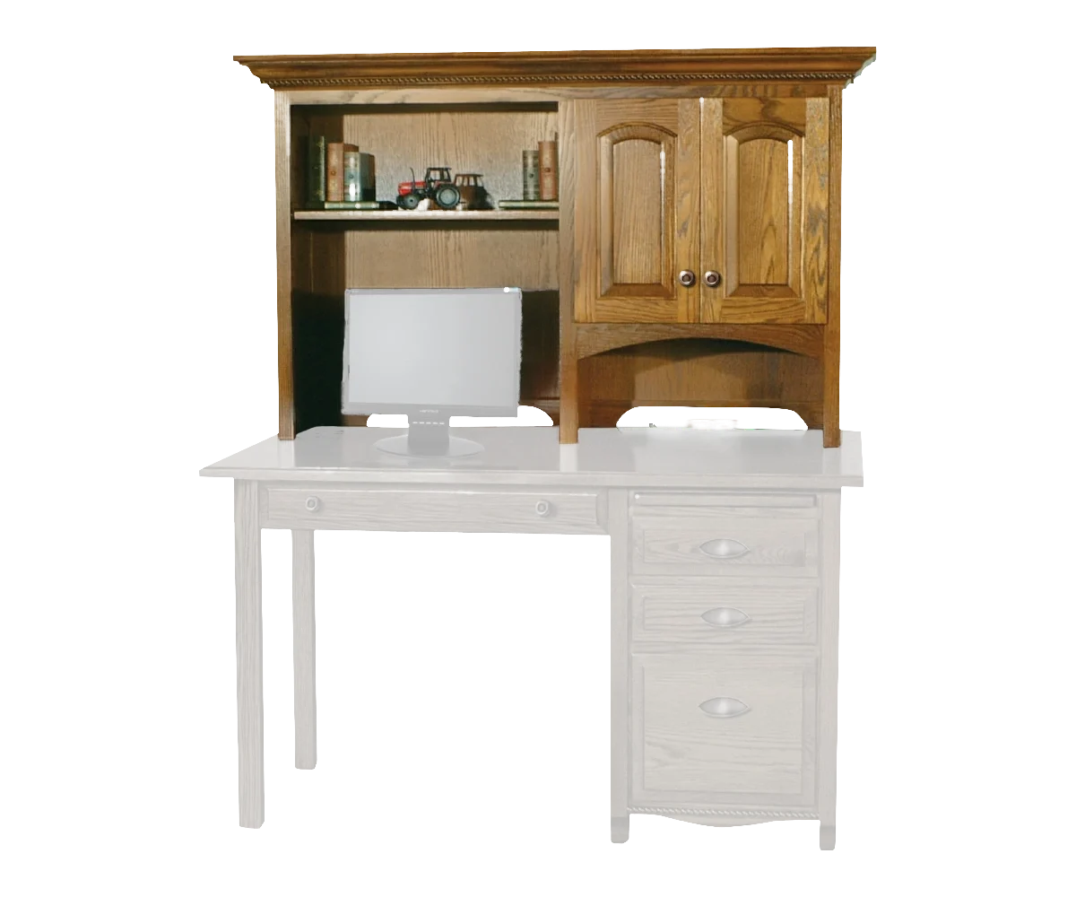 Amish Laurel hutch top for a 52-inch desk in oak with raised-panel doors and an arched open center, shown on a desk outline.
