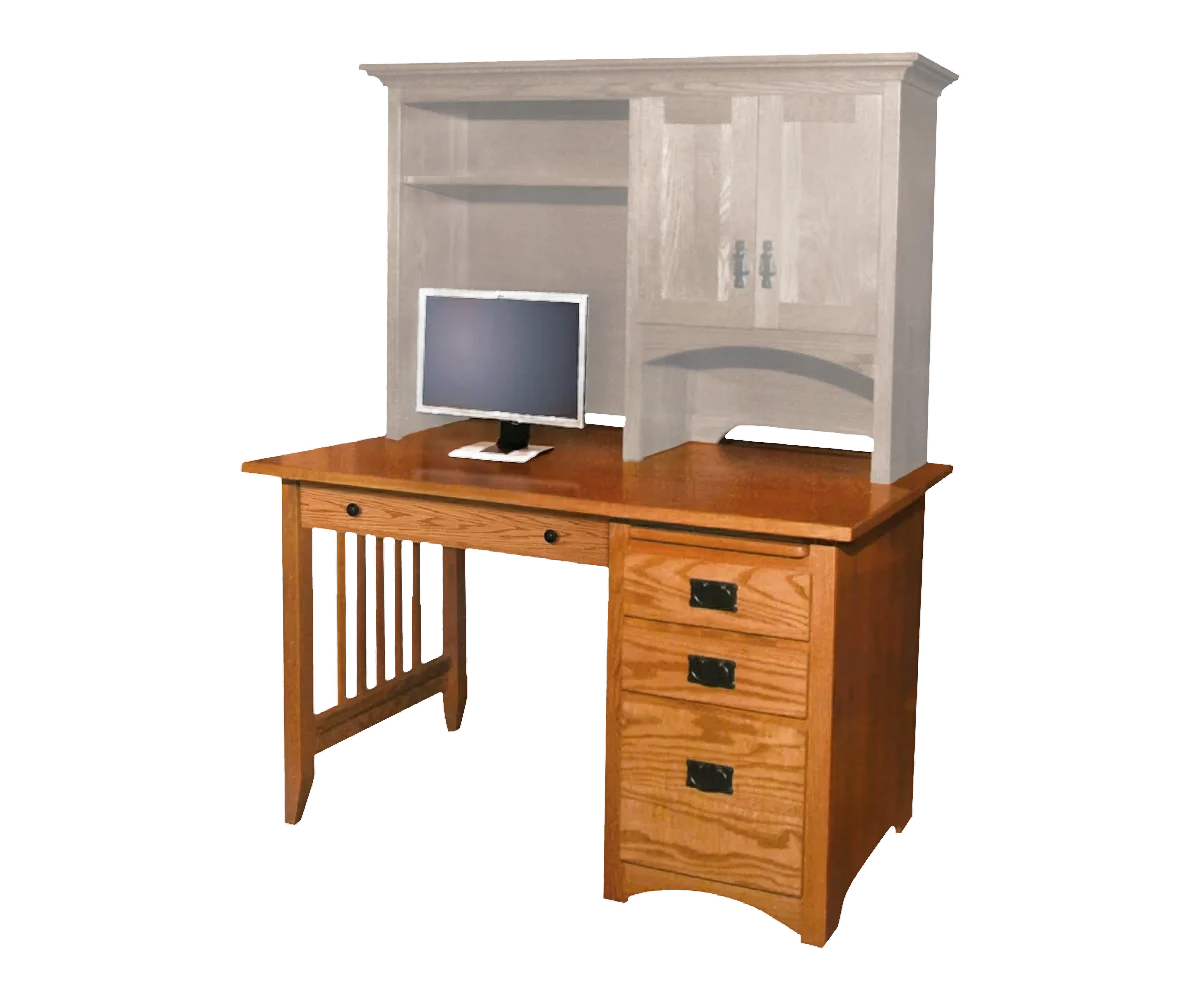 Amish Mission 30-inch-deep single-pedestal desk in cherry with slatted sides and a hutch top holding a monitor.
