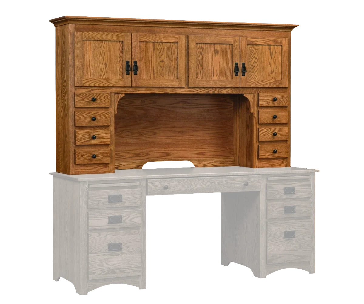 Amish Mission hutch top for a 72-inch desk in oak with cabinet doors and an open center, shown on a desk outline.