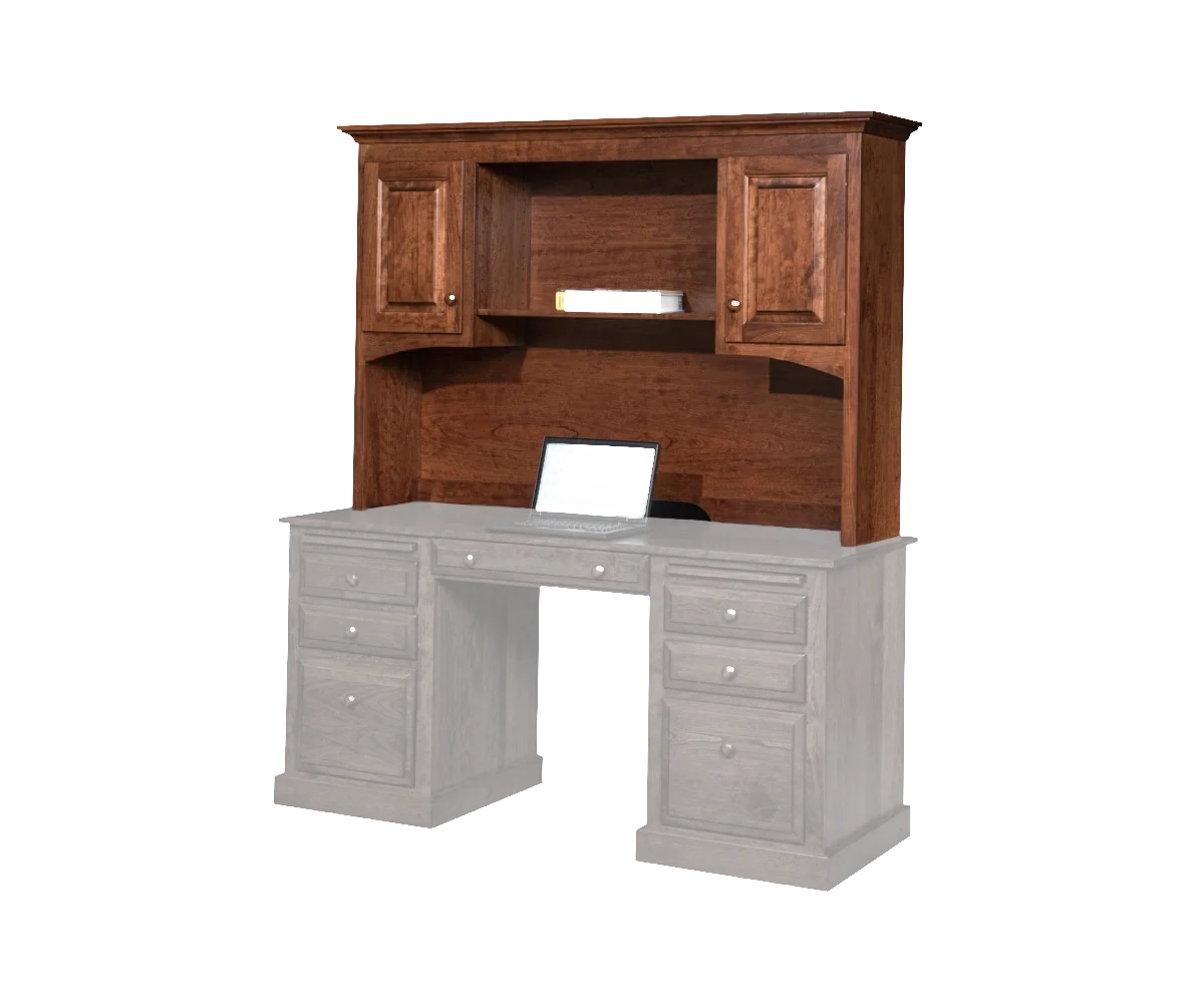 Amish Traditional hutch top for a 62-inch desk in cherry with raised-panel doors and an open center, shown on a desk outline.
