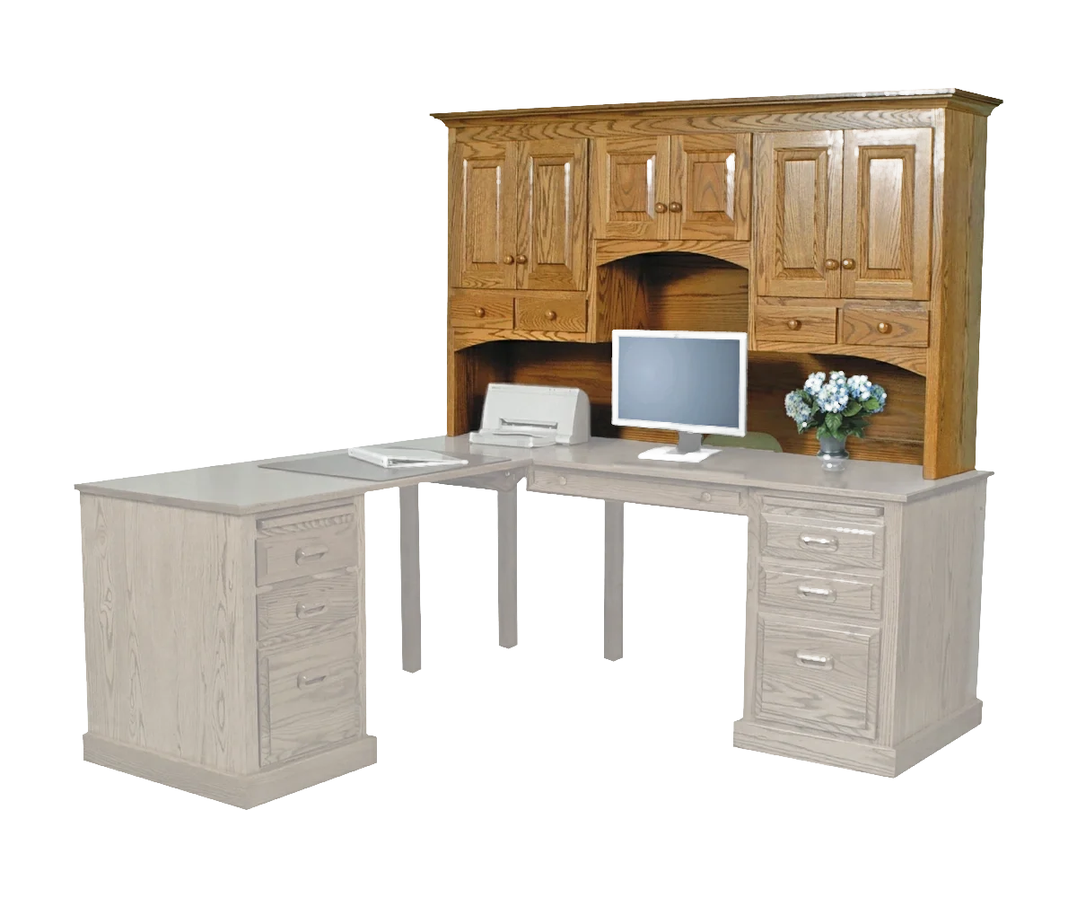 Amish Traditional hutch top for a 72-inch desk in oak with an arched crown and raised-panel doors, shown on an L-desk outline.