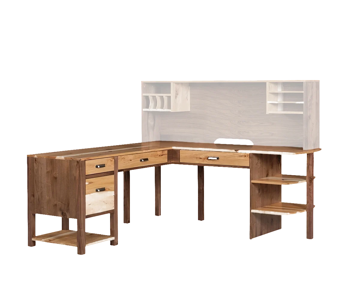 Amish Wakefield L-desk in light wood with a corner layout, hutch top, and open side shelves.