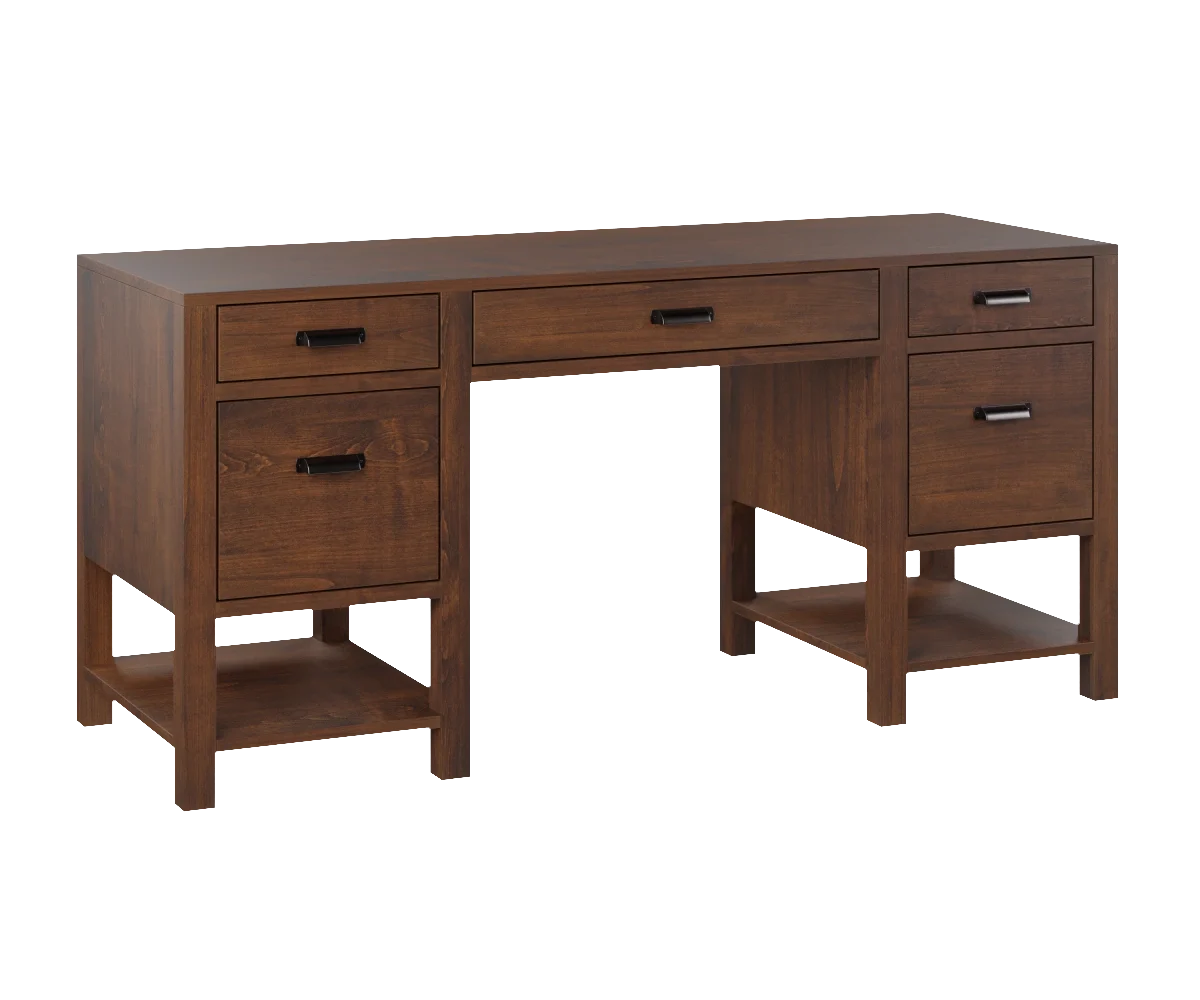Amish Wakefield double-pedestal desk in dark cherry with drawers on both pedestals.