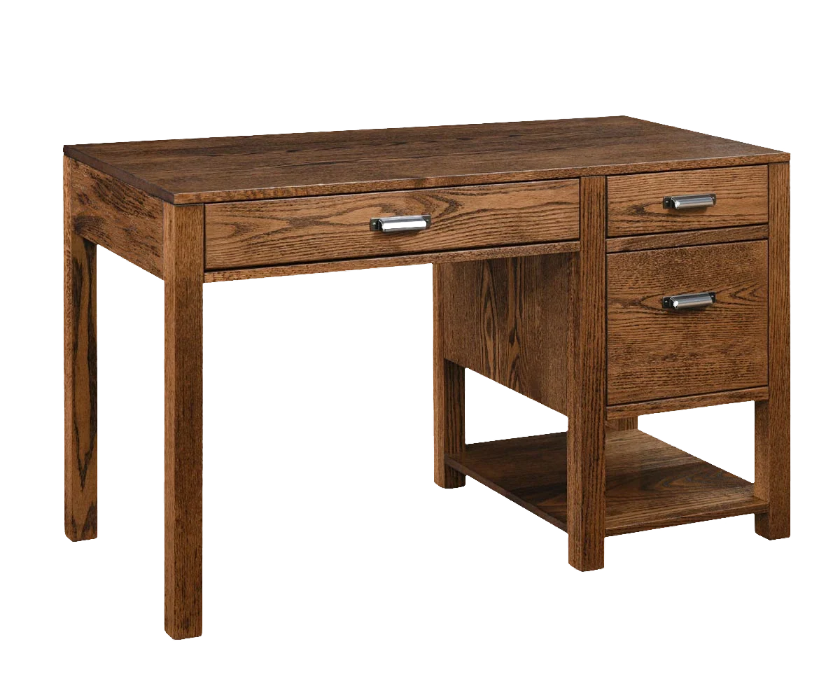 Amish Wakefield single-pedestal desk in cherry with a drawer pedestal and an open lower shelf.