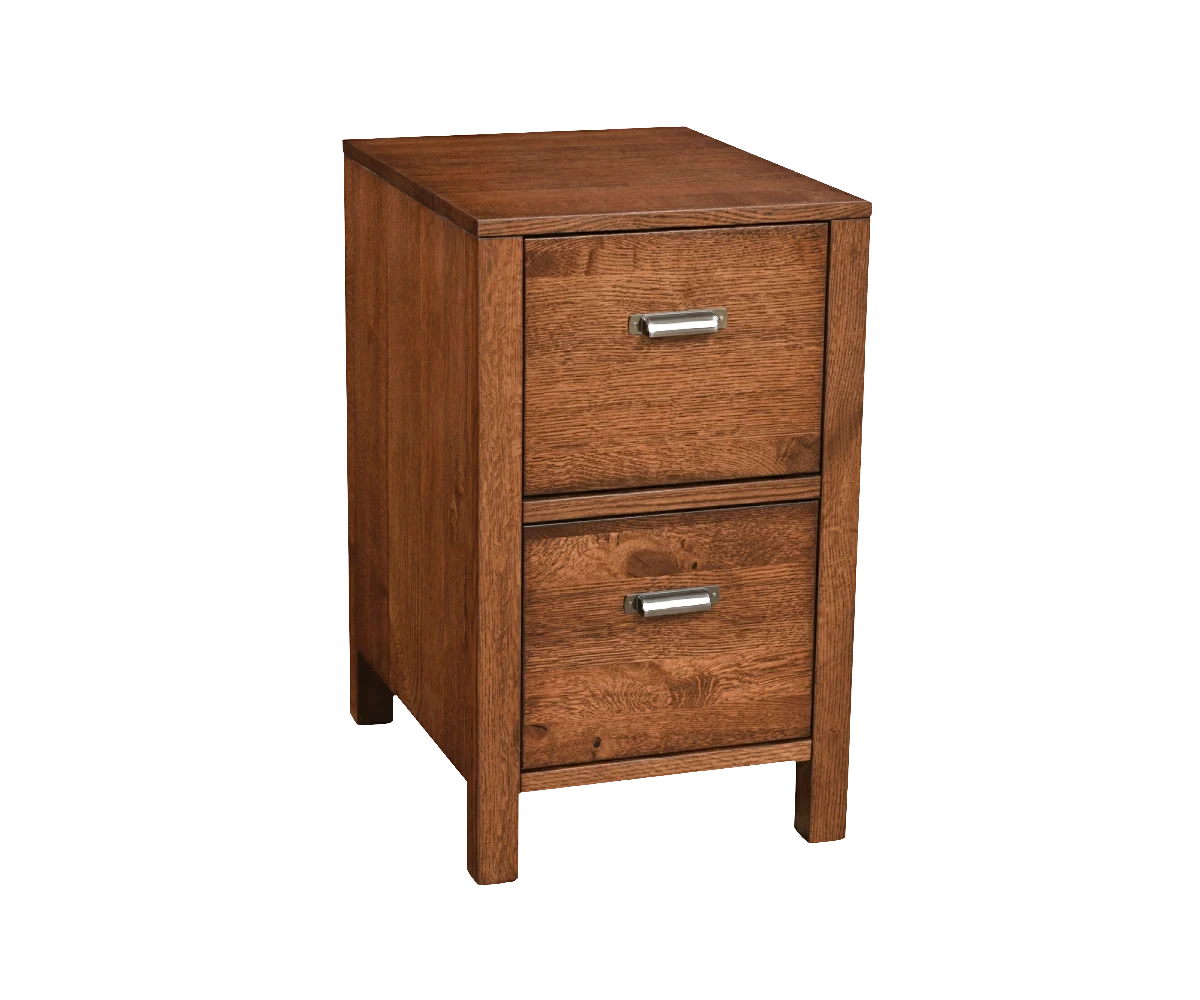 Amish Wakefield two-drawer file cabinet in cherry with metal drawer pulls.