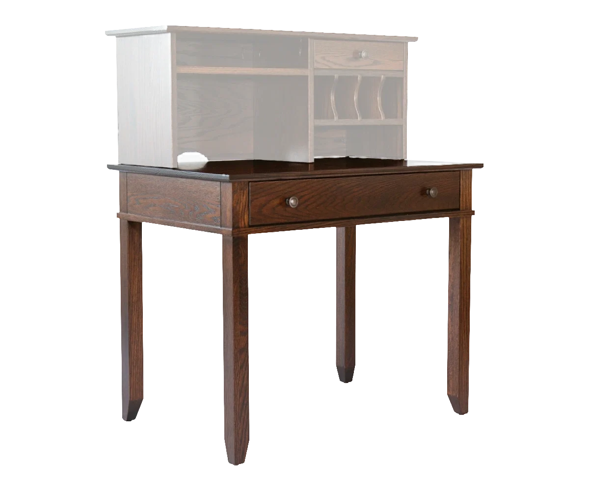 Amish Craftsman computer desk, a compact desk with a single drawer and a hutch organizer top.