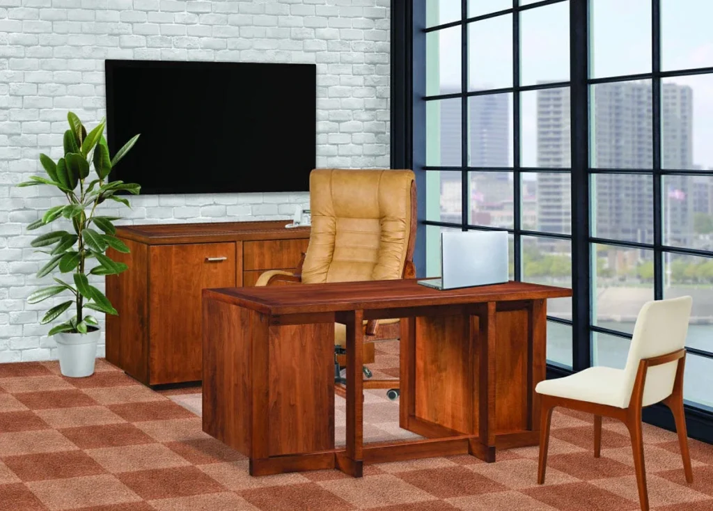 Amish Montrose office collection, a wood desk and media console staged in a modern room with a city view.