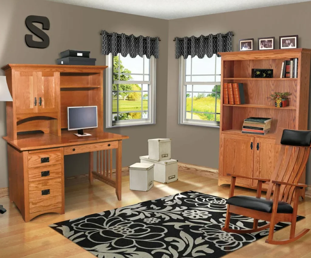 Amish Mission office collection staged by a window with a mission-style desk, hutch, and bookcase.