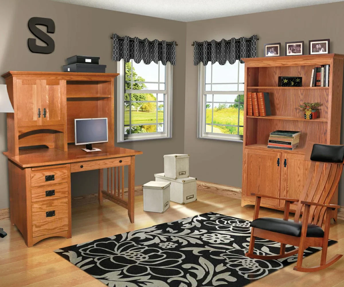 Amish Mission office collection staged by a window with a mission-style desk, hutch, and bookcase.