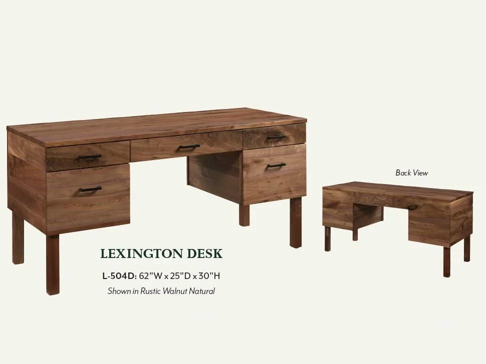Amish Lexington office collection, a wood single-pedestal writing desk shown from the front and back.
