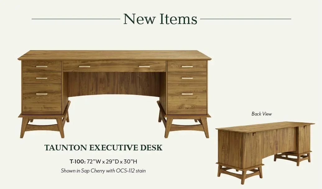 Amish Taunton office collection, a wood executive desk with a paneled front and pedestal drawers shown from the front and back.