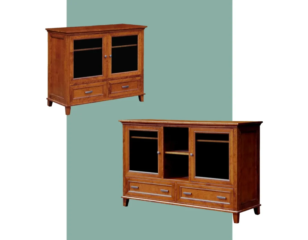 Amish Brooklyn entertainment collection, two cherry TV stands with glass doors and drawers displayed on a sage-green background.