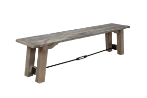 Amish Liberty dining bench in weathered gray reclaimed-look wood with a metal turnbuckle stretcher.