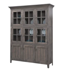 Amish Liberty hutch in weathered gray wood with glass display doors.