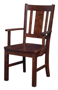 Amish Arlington dining arm chair in dark cherry with a mission slat back and a wood seat.