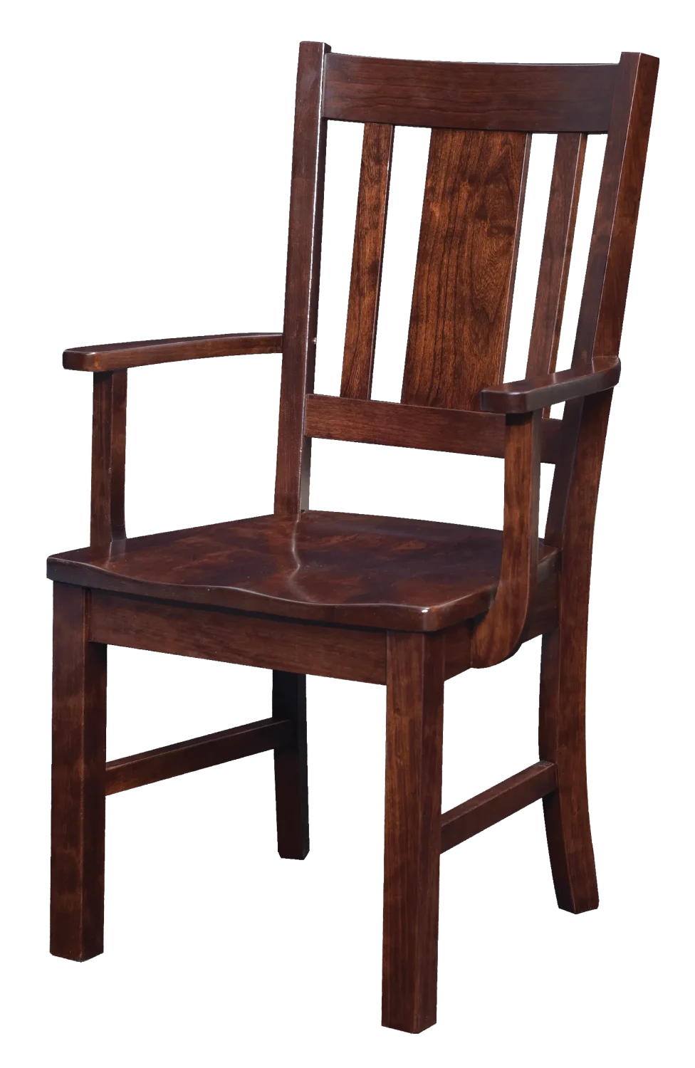 Amish Arlington dining arm chair in dark cherry with a mission slat back and a wood seat.