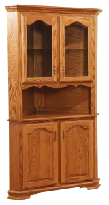 Amish Heritage corner hutch base in oak with a raised-panel cabinet door.
