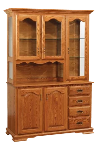 Amish Heritage hutch base in oak with drawers and cabinet doors.