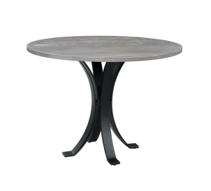 Amish Lakeside counter-height round dining table with a gray top on a black metal pedestal base.