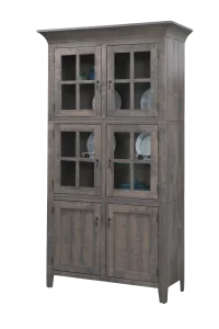 Amish Lakeside two-door hutch in gray-washed wood with glass display doors.