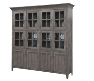 Amish Lakeside four-door hutch in gray-washed wood with glass display doors.