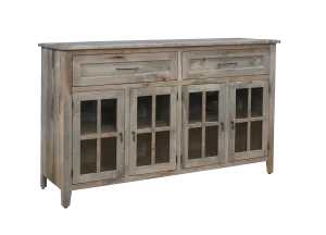 Amish Liberty sideboard in weathered gray wood with two drawers over glass cabinet doors.