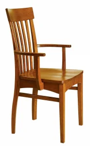Amish Mary Ann dining arm chair in oak with a mission slat back and a wood seat.