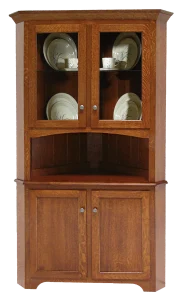 Amish Mary Ann two-door corner hutch base in oak with a cabinet below.