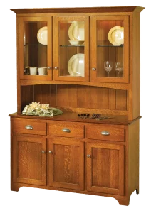 Amish Mary Ann two-door hutch base in oak with drawers over cabinet doors.