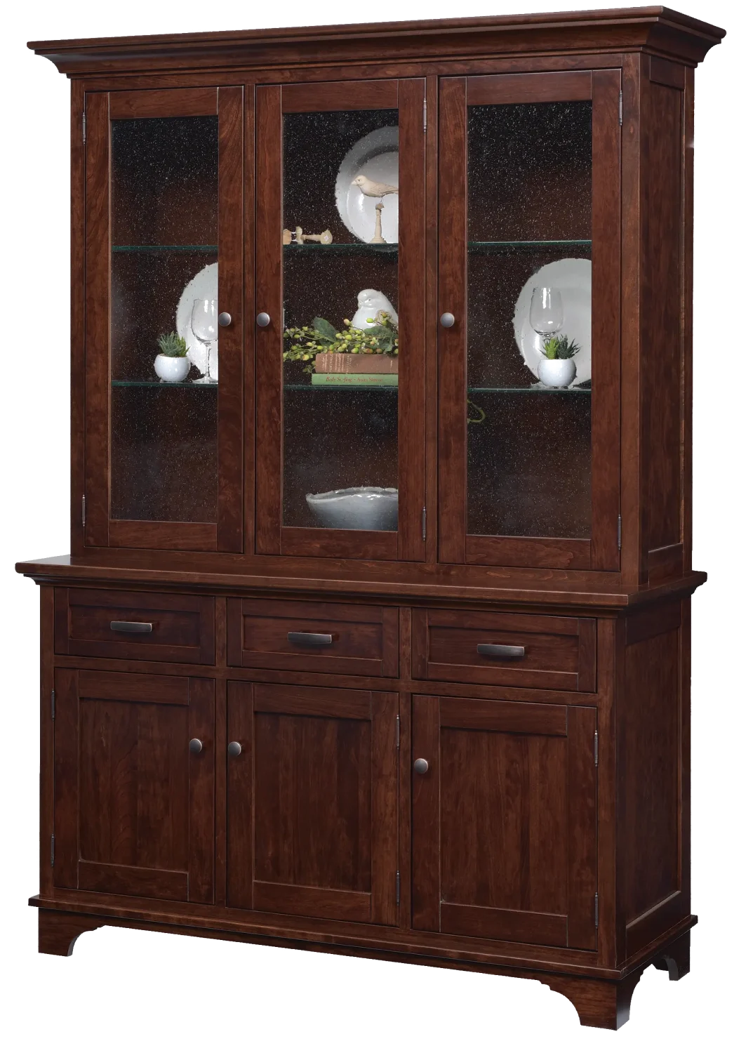 Amish Arlington three-door hutch top in dark cherry with glass display doors.