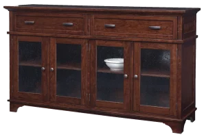 Amish Arlington four-door buffet in dark cherry with two drawers over four glass cabinet doors.