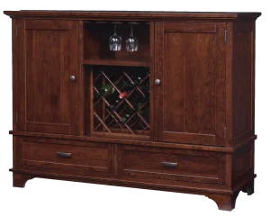 Amish Arlington wine cabinet in cherry with a bottle rack, glass storage, and lower drawers.