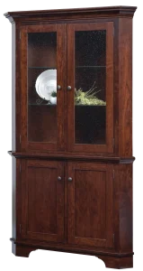 Amish Arlington corner hutch base in dark cherry with a cabinet below.
