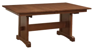 Amish Sara Ann solid-top trestle dining table in oak.