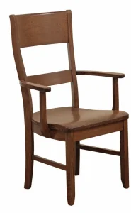 Amish Sara Ann dining arm chair in cherry with a slat back and a wood seat.