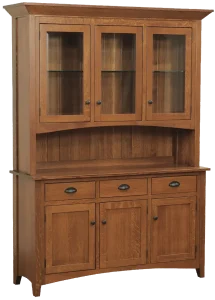 Amish Sara Ann three-door hutch top in oak with glass display doors above an open shelf.