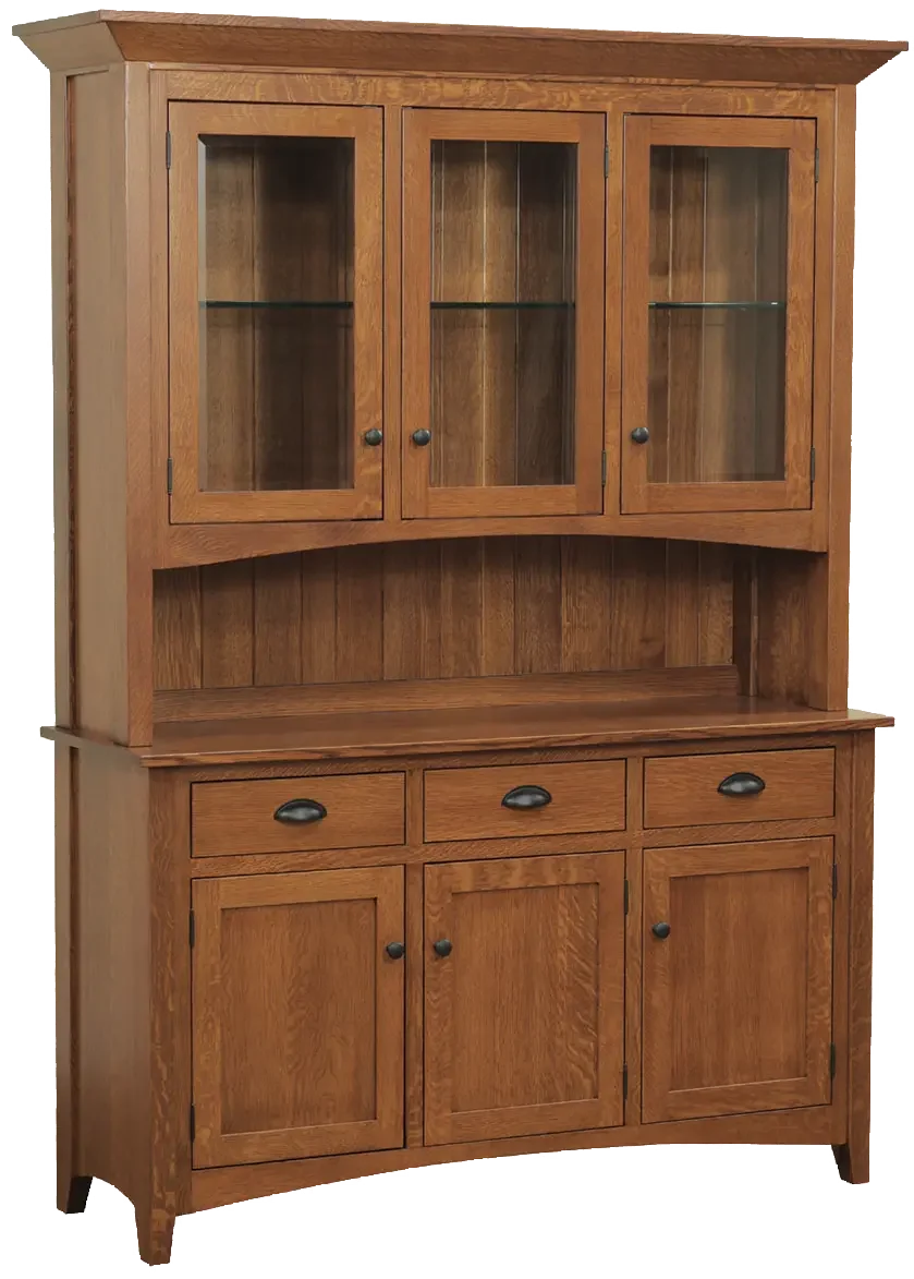 Amish Sara Ann four-door hutch base in oak with a drawer over cabinet doors.