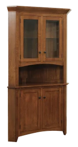 Amish Sara Ann two-door corner hutch top in cherry with glass display doors above an open shelf.