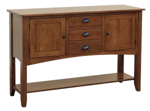 Amish Sara Ann sideboard in oak with a stack of center drawers between two cabinet doors and a lower shelf.