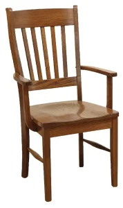Amish Shaker dining arm chair in oak with a slat back and a wood seat.