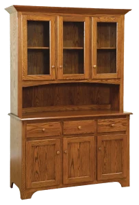 Amish Shaker three-door hutch base in oak with drawers over cabinet doors.