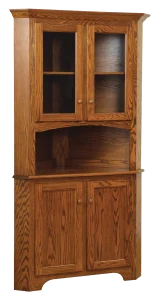 Amish Shaker two-door corner hutch top in oak with glass display doors above an open shelf.