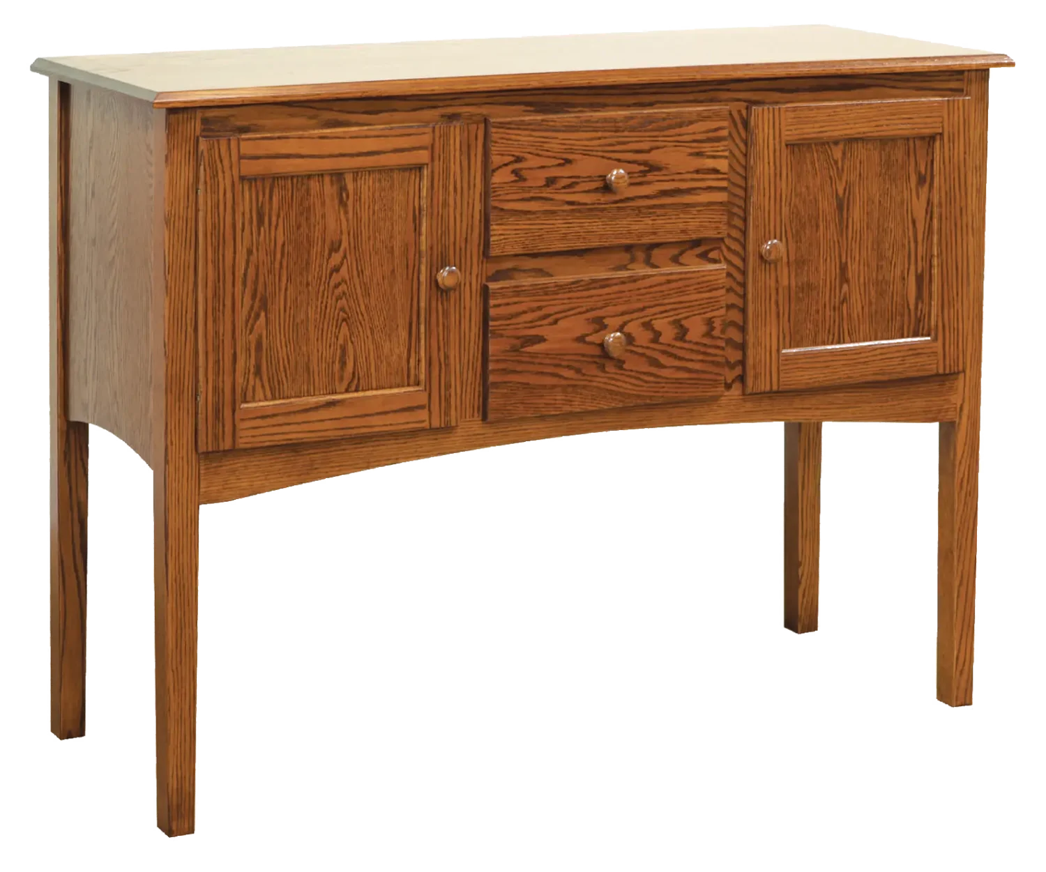 Amish Shaker sideboard in oak with two drawers over two cabinet doors.