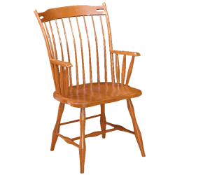 Amish Concord Windsor-style dining arm chair in oak with a spindle back and a wood seat.