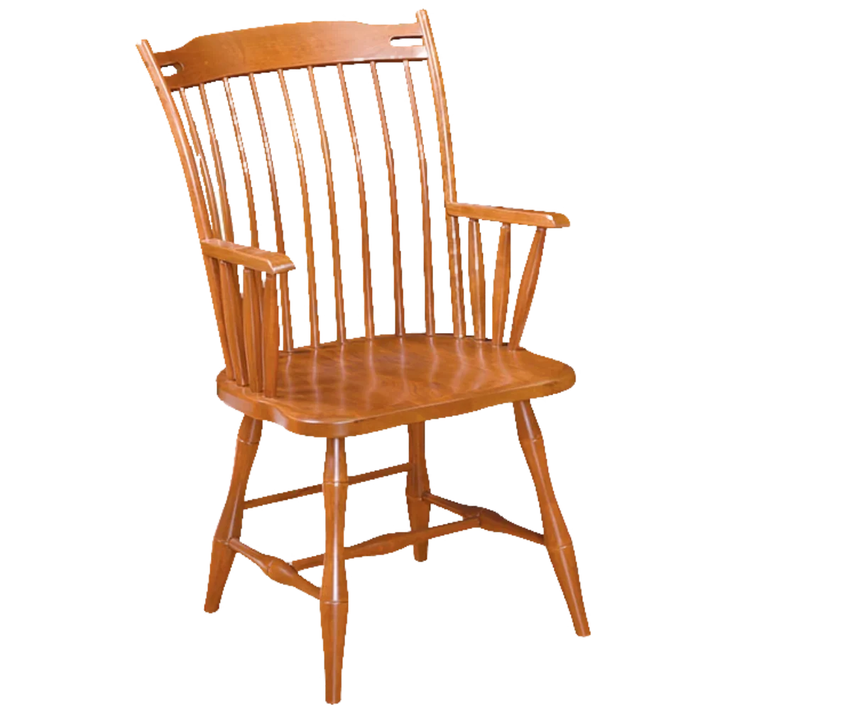 Amish Concord Windsor-style dining arm chair in oak with a spindle back and a wood seat.